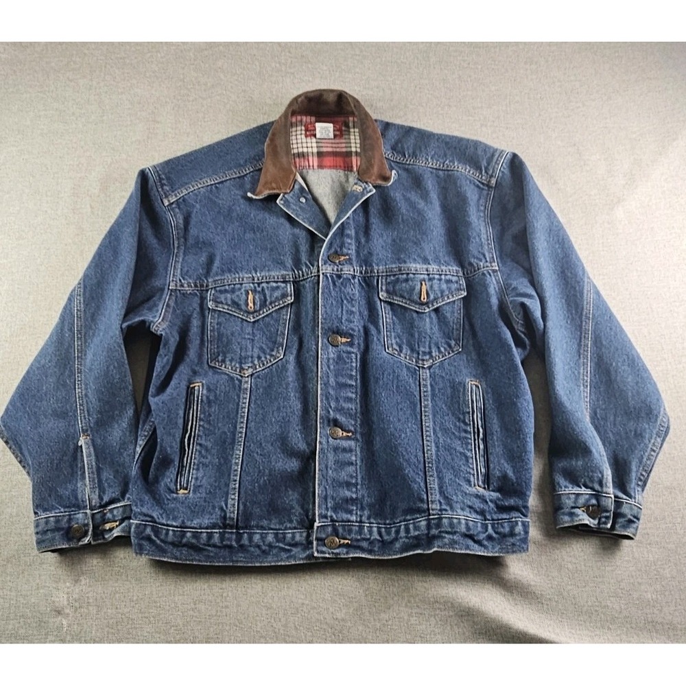 Vintage Marlboro Country Store Denim Jacket Mens Large Blue Plaid Lining